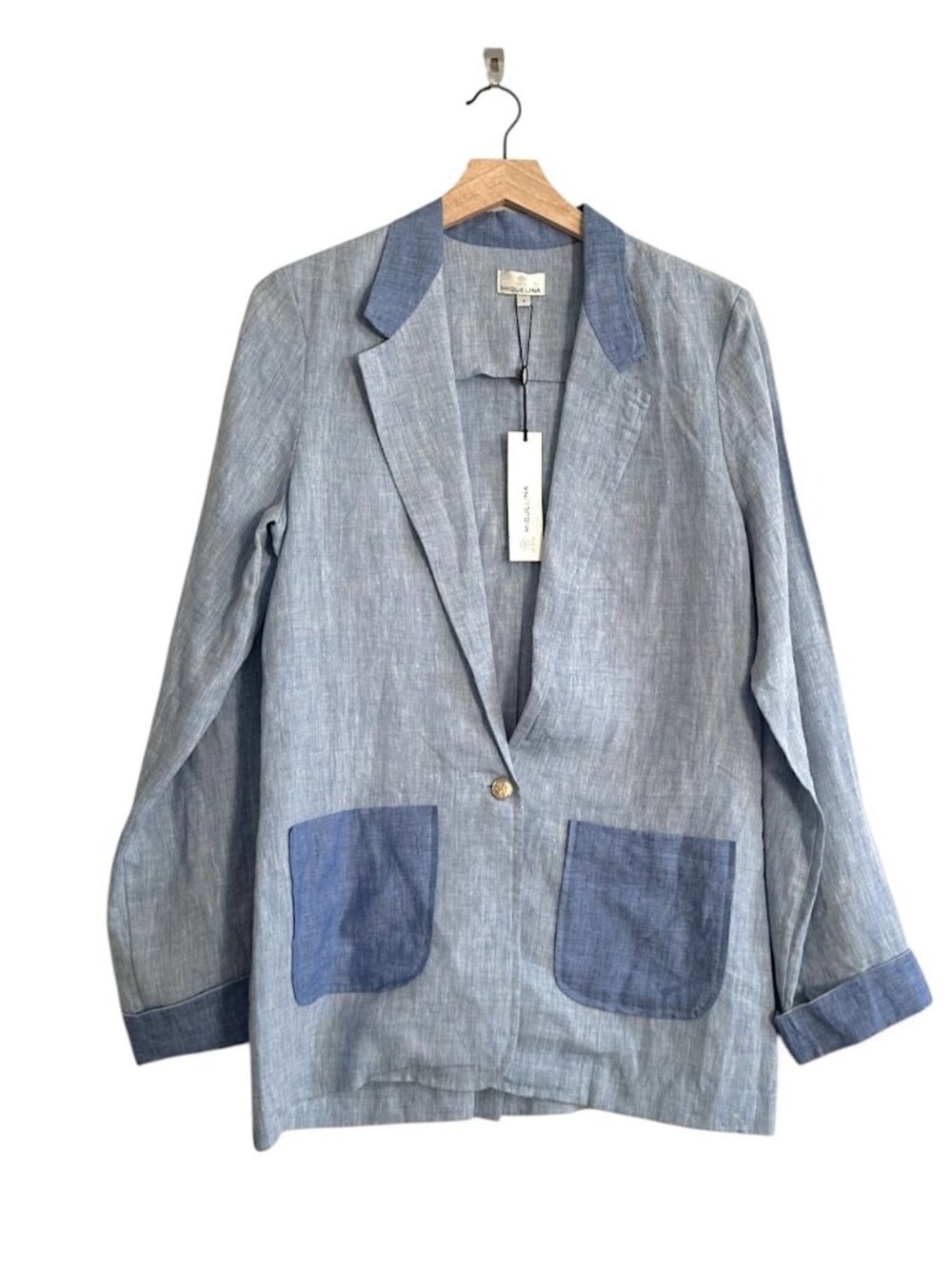Miguelina Bleecker Linen Blazer S NWT Blue Colorblock Made USA